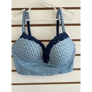 Victorias Secret 32D Blue Geometric Print Lace Trim Padded Bralette wireless